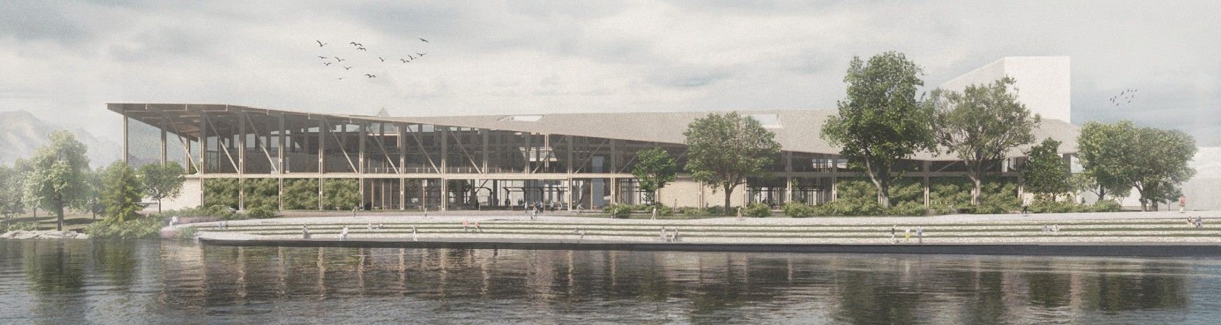 Vista exterior panorámica con pájaros — Mercado Urbano de Valdivia